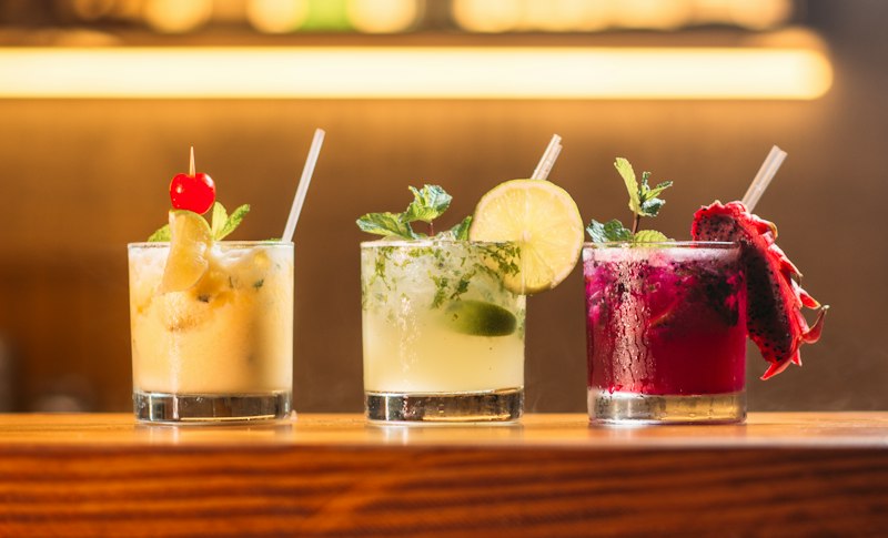 Colorful tropical tiki cocktails